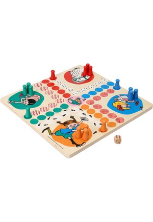 Gioco da tavolo in legno colorato con pedine rosse, blu, verdi e arancioni, illustrazioni di personaggi giocosi e un dado di legno che mostra sei punti.