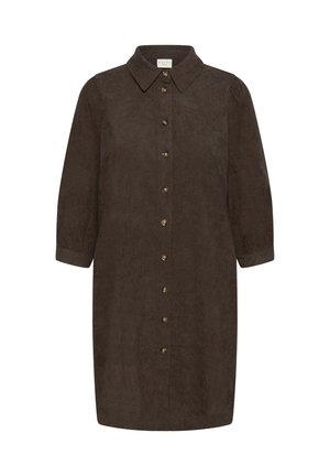 Dark brown, knee-length corduroy dress with long sleeves, front button closure, and a pointed collar.