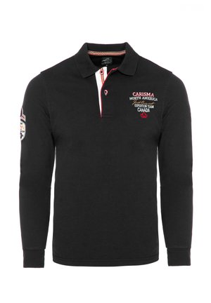 Zwarte lange mouw polo shirt met een contrasterende witte placket, geborduurd logo op de borst en insignes op de mouwen. Ontworpen met een ontspannen pasvorm.