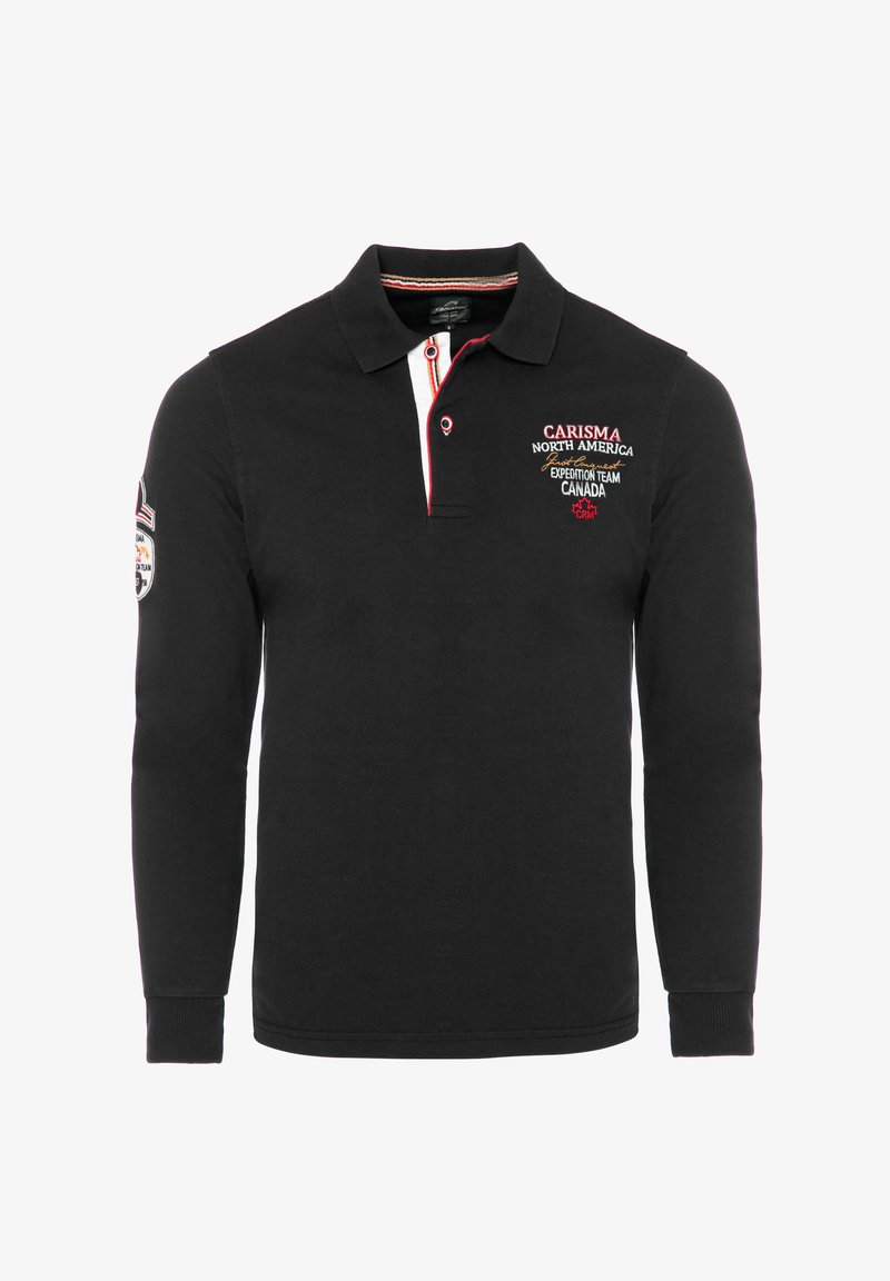 Sort polo skjorte med lange ærmer og en kontrasterende hvid placket, broderet logo på brystet og badges på ærmerne. Designet med en afslappet pasform.