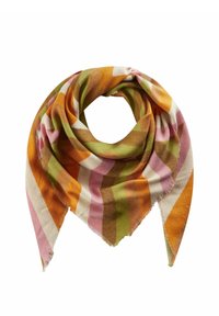 Mønstret tørklæde i bløde stoffer med brede striber i orange, pink, grøn og creme, med frynser i kanten, arrangeret i et overlappende stil.
