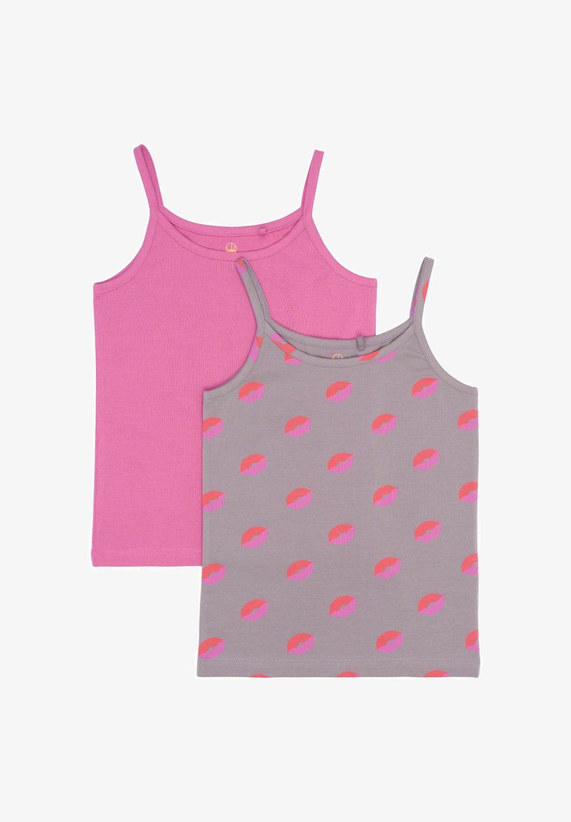 Dwie damskie topy na ramiączkach: jeden w jednolitym różowym kolorze, drugi szary z powtarzającym się wzorem różowych ust. Oba mają cienkie ramiączka i dopasowany krój.