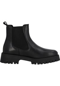 Botas Chelsea negras de cuero liso con paneles laterales elásticos, una lengüeta y una suela de goma gruesa y texturada con tacos.