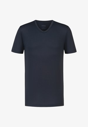 Heren T-shirt van effen marineblauw katoen met korte mouwen en een V-hals, staand tegen een witte achtergrond.