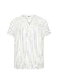 Blusa bianca a maniche corte con righe verdi verticali, colletto a V e pattina con tre bottoni, realizzata in tessuto leggero.