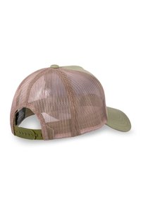 Casquette de baseball vert olive avec une visière incurvée et un dos en mesh rose avec une fermeture à pression réglable.