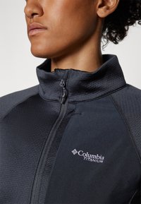 Black zip-up jacket with a high collar, featuring a textured fabric, Columbia Titanium logo, and a fitted design suitable for outdoor activities.