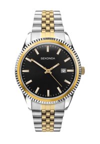 Black dial watch with silver and gold-tone stainless steel band. Features gold bezel, date window, and white hour markers. Model: Sekonda.