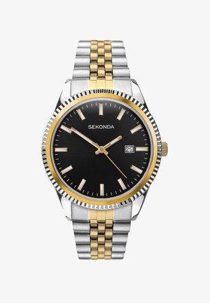 Montre au cadran noir avec un bracelet en acier inoxydable argenté et doré. Présente un cadran en or, une fenêtre de date et des index horaires blancs. Modèle : Sekonda.