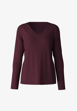 Langsleeve, bordeaux shirt met een V-hals, gemaakt van een gladde stof, met een slim fit ontwerp en rechte zoom. Geen aanvullende details aanwezig.