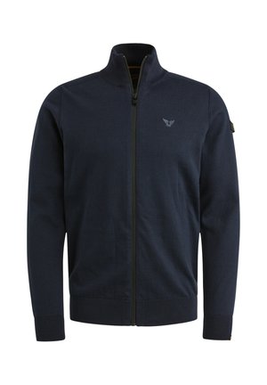 Navy zip-up jacket made of wool blend. Features a high collar, ribbed cuffs, and a small logo on the left chest, with a smooth texture.