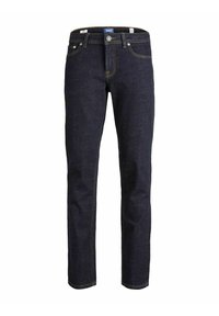 Jean en denim bleu foncé avec une coupe slim, cinq poches, des coutures jaunes contrastantes et une fermeture à bouton à l'avant.