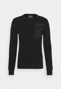 Schwarzer gerippter Langarmpullover mit Rundhalsausschnitt, ausgestattet mit einer Brusttasche mit Reißverschluss und akzentuierten Designdetails.