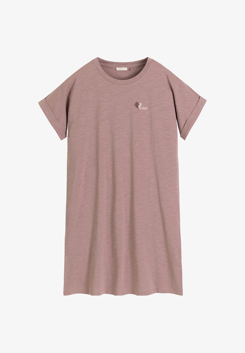 Fioletowa sukienka t-shirtowa z krótkim rękawem, z podwiniętymi mankietami, małym białym wzorem liścia oraz napisem „Atlantic” na lewej piersi.