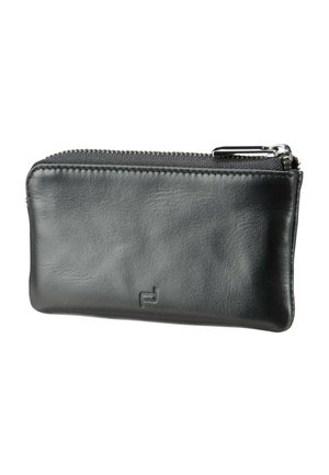 Black leather zippered pouch with silver zipper pull, smooth texture, and subtle embossed logo on front.