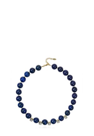 Necklace with round dark blue beads and small clear stones, featuring a short gold chain and clasp for adjustable length.