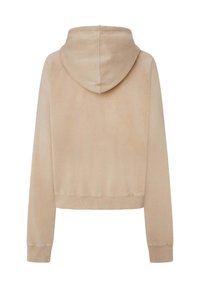 Sudadera corta beige de tela suave y lisa. Presenta capucha con cordón y puños y dobladillo acanalados. La vista trasera muestra un diseño sin costuras.