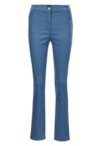 Blaue ausgestellte Hose aus glattem Stoff. Verfügt über Vordertaschen, einen Knopfverschluss und genähte Nähte.