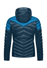 Giacca trapuntata blu navy e blu brillante con cappuccio, motivo di cuciture a zigzag e maniche imbottite vista dal retro.
