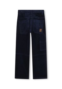 Marine corduroy broeken met een losse pasvorm, voorzien van meerdere zakken, een logo patch en gestructureerde verticale lijnpatronen.