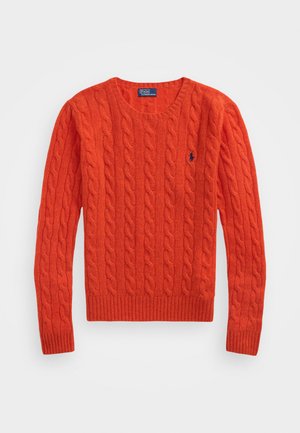 Orange cable-knit sweater with a round neckline, ribbed cuffs, and hem; features a small embroidered logo on the left chest.
