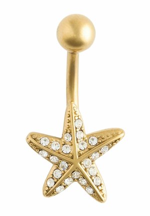 Gold starfish-shaped belly button ring adorned with small clear rhinestones on a curved barbell.