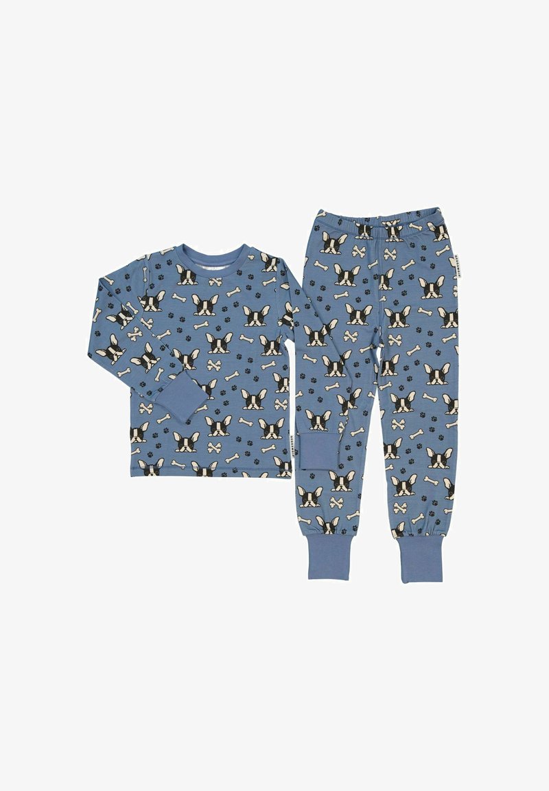 Siniset pyjamapuku, joka on valmistettu pehmeästä kankaasta ja jossa on kuvio koiran kasvoista, luista ja tassunjäljistä. Sisältää pitkähihaisen paidan ja yhteensopivat housut.