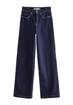 Donkerblauwe denim jeans met wijde pijpen, knoopsluiting aan de voorkant, ritssluiting, riemlussen en vijfzakkenstijl.