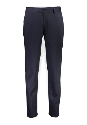Pantaloni eleganti blu navy, vestibilità slim, realizzati in tessuto liscio. Presentano una chiusura con bottoni, passanti per cintura, tasche laterali e una piega sulla parte anteriore.