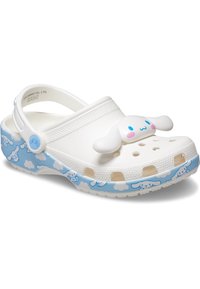 White plastic clog with a blue cloud pattern along the sole. Features a cute character on the front and ventilation holes throughout.