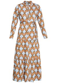 Robe à manches longues avec col, présentant un motif de feuilles bleues et orange sur fond marron. Boutonnée sur le devant, avec une ceinture.