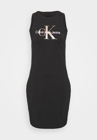 Svart ärmlös klänning i bomull med rund halsringning och frampanel med grafik som visar "CK" och "Calvin Klein Jeans" i vitt och roséguld.