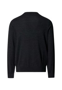 Zwarte trui met lange mouwen, ronde halslijn en geribde rand. Zachte textuur, minimalistisch ontwerp en zonder zichtbare patronen of hardware.