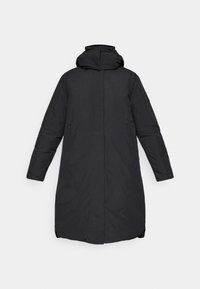 Zwarte parka jas met capuchon, ontworpen met een rechte snit, lange mouwen en voorzakken met rits. Glad, waterafstotend materiaal.