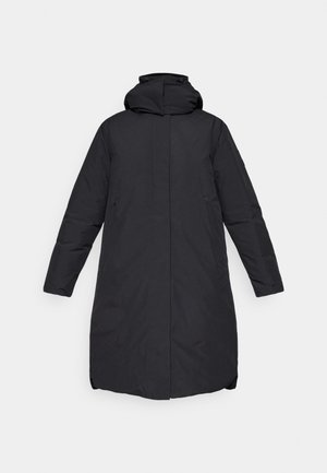 Manteau parka noir avec capuche, conçu avec une coupe droite, des manches longues et des poches zippées à l'avant. Tissu lisse et résistant à l'eau.