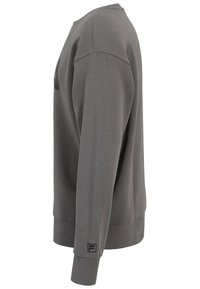 Grijze sweatshirt met een ronde hals, ribbelmanchetten en zoom. Heeft een groot zwart logo op de voorkant en een klein logo op de mouw.