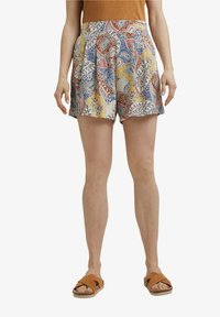 Pantalones cortos con estampado colorido y diseño plisado, que presentan motivos de cachemira en tonos azul, rojo y amarillo. Tejido ligero.