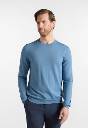 Uomo con capelli castano chiaro e barba, che indossa un maglione azzurro chiaro a maniche lunghe e pantaloni scuri, in piedi con una mano in tasca.