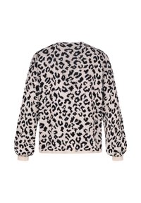 Lepardprint genser, strikket, kremsfarget bakgrunn med svarte flekker, avslappet passform, lange ermer, ribbestrikkede mansjetter og kant.