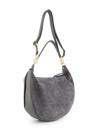 Gray suede handbag with a smooth, rounded shape, featuring a contrasting leather base, a detachable strap, and gold hardware accents.
