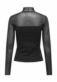 Schwarz langärmliges Oberteil aus transparentem Mesh-Material an den Ärmeln und am oberen Rücken, mit einem hohen Kragen und einem figurbetonten Design. Durchgehend glatte Textur.