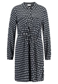 Robe à manches longues en tissu bleu marine ornée de motifs ovales blancs, dotée d'une fermeture à boutons sur le devant et d'une ceinture à nouer pour un ajustement personnalisé. Comprend un col et des poches.