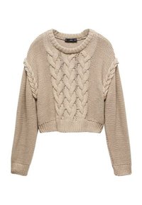 Beiger, gestrickter Kurzpullover mit grobem Zopfstrickmuster auf der Vorderseite, rundem Ausschnitt und langen Ärmeln mit geflochtenen Akzenten.