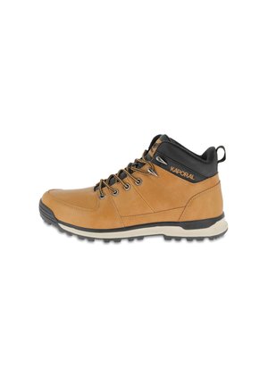 Chaussures de randonnée mi-hautes en cuir synthétique marron avec des accents noirs. Dotées d'un dessus texturé, d'une semelle en caoutchouc durable et d'œillets en métal pour les lacets.