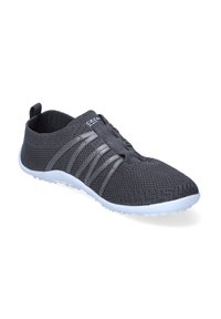Gray mesh athletic shoe with a flexible design, featuring elastic bands for support and a white rubber sole with textured traction.