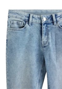 Lyseblå denimjeans med klassisk fem-lomme-design, knap- og lynlåslukning samt en let falmet tekstur for et brugt look.