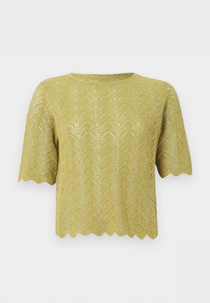 Hellgrünes kurzärmeliges Stricktop mit Chevron-Spitzenmuster und gewelltem Saum und Bündchen.