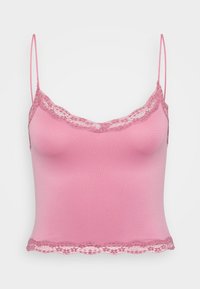 Camisole rose avec des bretelles fines, ornée d'une bordure en dentelle le long de l'encolure et de l'ourlet. Fabriquée dans un matériau lisse et extensible.