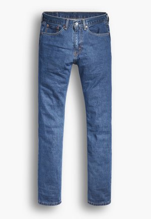 Jeans di denim in un lavaggio blu medio con una vestibilità a gamba dritta, caratterizzati da cinque tasche, una chiusura con bottone e zip, e dettagli di cucitura discreti.