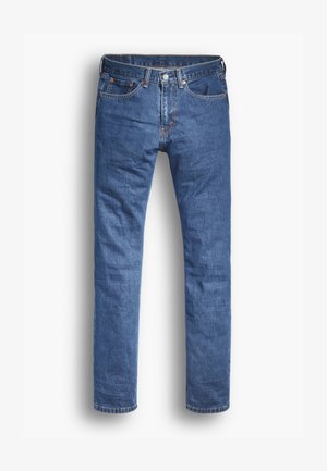 Denim-Jeans in einer mittelblauen Waschung mit geradem Bein, ausgestattet mit fünf Taschen, einem Knopf- und Reißverschluss und subtilen Stichakzenten.